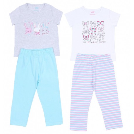 2 x Pink/Blue Pyjama Sets For Girls Top & Bottoms Young Dimension Sleep