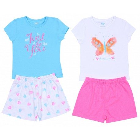 2 x Blue/Pink Butterfly Pyjama Sets For Girls Top & Shorts Young Dimension Sleep