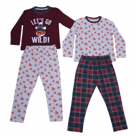 2 x Pyjama Sets Fox/Check Print Design For Boys REBEL