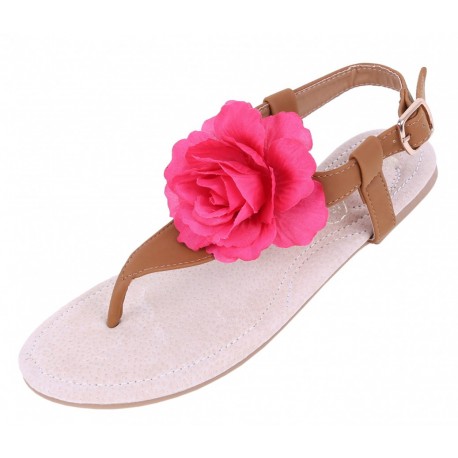 Brązowe sandały z  różowym kwiatem