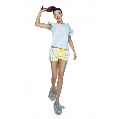 Grey Top With Frill Detail & Yellow Checked Shorts Pyjama Set For Ladies PIGEON