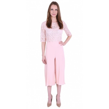Light Pink, Floral Lace Top, Wide Cropped Leg, Jumpsuit For Ladies By John Zack