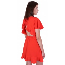 Coral, Short Sleeves, Frill Trim, Cut-Out Detail Mini Dress By John Zack