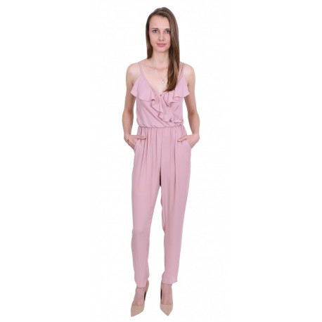 Pink, Sleeveless, Wrap Front, Frill Detail, Jumpsuit For Ladies By John Zack