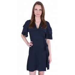Navy Blue, Short Sleeved, Frill Design, Tie Detail Mini Dress By John Zack