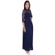 Navy Blue, Lace top, 3/4 Length Sleeves, Sheer Back, Maxi Dress By John Zack 