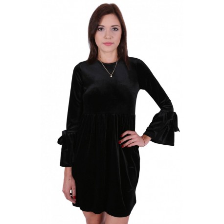 Black, Soft Velvet, 3/4 Length Fluted Sleeves Mini Dress By John Zack