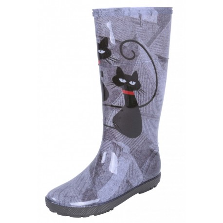 Ladies Grey, Cats Print Design, PVC, Wellies, Wellington, Rain Boots HAWAI LADY DEMAR