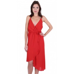 Red, Plain, Soft & Lightweight Chiffon, Wrap Front, Midi Dress By John Zack 