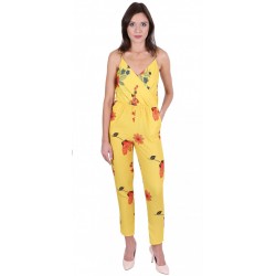 Yellow/Flowers Design, Sleeveless, Wrap Front, Jumpsuit For Ladies By John Zack
