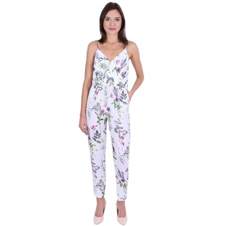 White/Plants Design, Sleeveless, Wrap Front, Jumpsuit For Ladies By John Zack