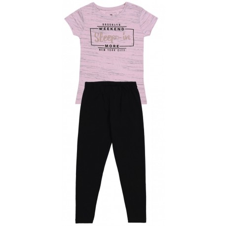 Pink Marl T-shirt & Black Bottoms Pyjama Set For Girls Young Dimension