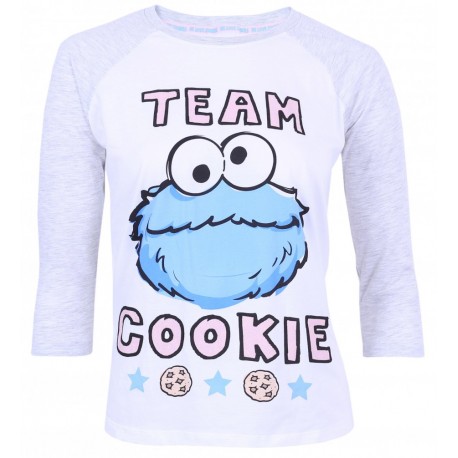 Grey, 3/4 Length Sleeved Top, Shirt For Ladies Cookie Monster Sesame Street