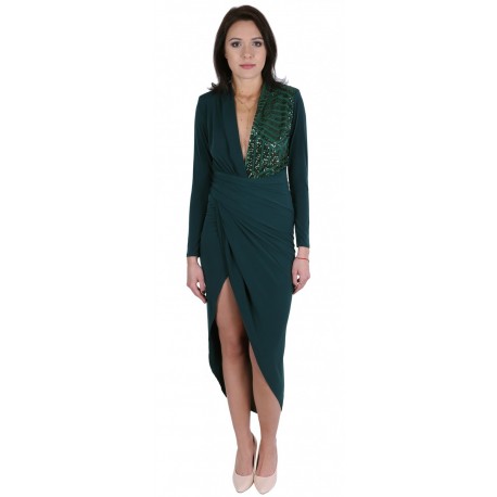 Dark Green/Sequins, Long Sleeved, Draped Maxi Dress, Deep V-Neck by John Zack