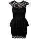 Black Bodycon Fit, Full Floral Lace &amp; Peplum Waist Mini Dress By John Zack