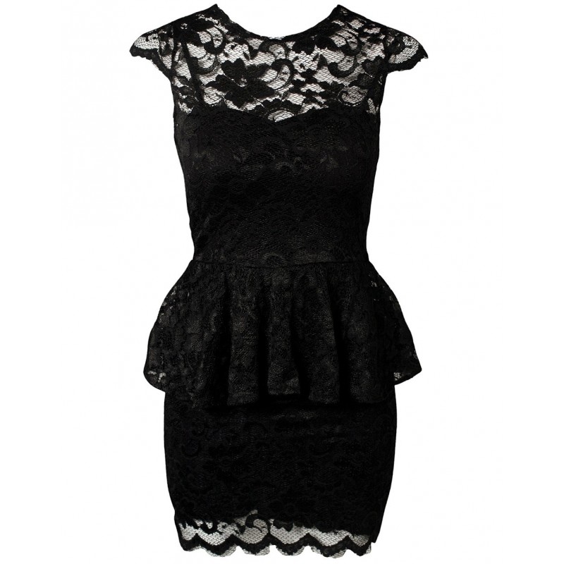 Black Bodycon Fit, Full Floral Lace & Peplum Waist Mini Dress By John ...