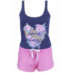 Navy Sleeveless Top & Pink, Striped Shorts Pyjama Set For Ladies Love To Lounge