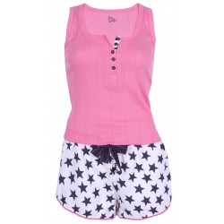 Pink, Sleeveles Top & White Shorts Pyjama Set For Ladies Stars Design Love To Lounge