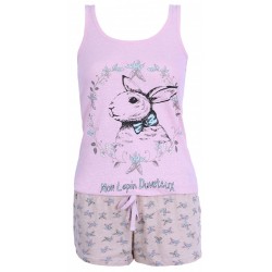 Pink, Sleeveless Top & Beige Shorts Pyjama Set For Ladies Rabbit Design Love To Lounge