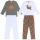 2 x Khaki/Grey Top &amp; Bottoms Pyjama Set For Boys Dinosaur Design JURASSIC WORLD