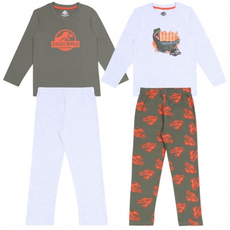 2 x Khaki/Grey Top & Bottoms Pyjama Set For Boys Dinosaur Design JURASSIC WORLD