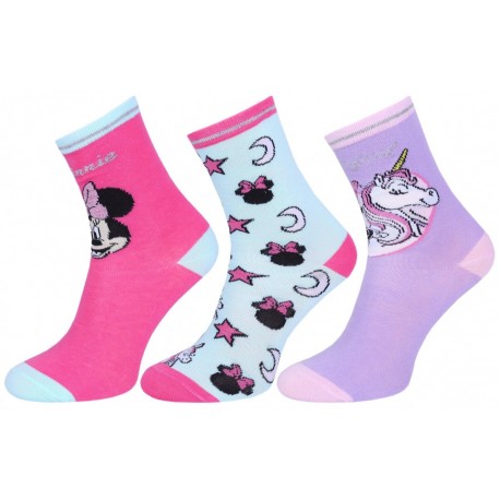 3 x Pink/Violet Ankle Socks For Kids Minnie Mouse & Unicorn Design DISNEY