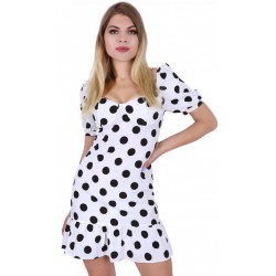 White Black Polka Dot Puff Sleeve Sweetheart Neck Frill Hem Mini Dress