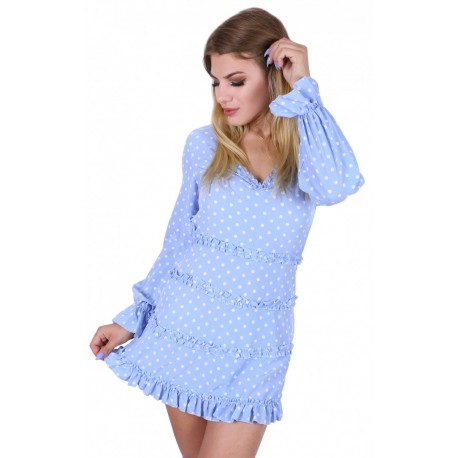 Baby Blue Polka Dot Frill Trim Tiered Long Sleeve Mini Dress