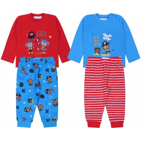 2 x Red/Blue Long Sleeved Pyjama Sets For Boys Monkey Pirates EARLY DAYS