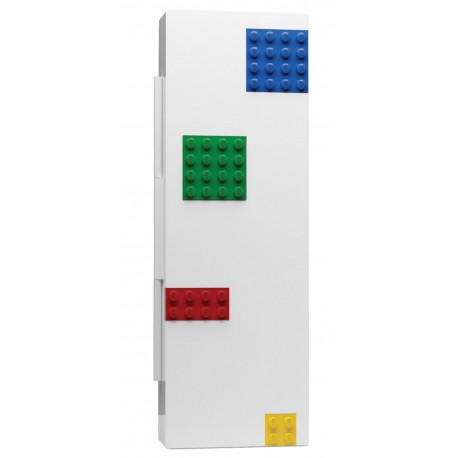 Biały piórnik z kolorowymi płytkami i minifigurką LEGO