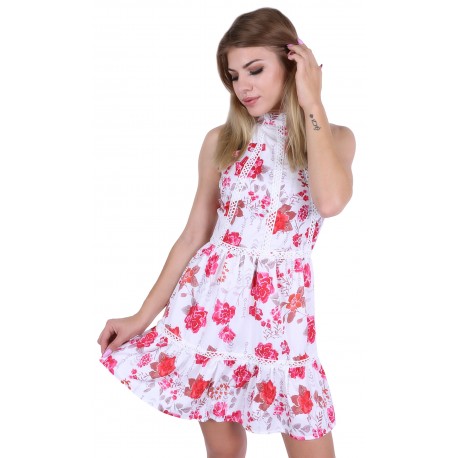 White dress with pink flowers, open back