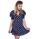 Navy Blue Polka Dot Frill Hem Puff Sleeve V Neck Mini Dress