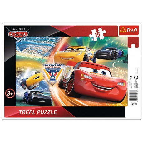 Puzzle ramkowe, kolorowy obrazek z bohaterami bajki Auta 15 elementów TREFL