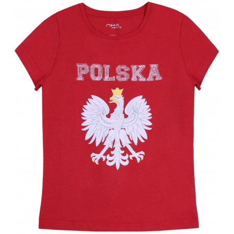 Czerwony,dziewczęcy t-shirt z orłem POLSKA