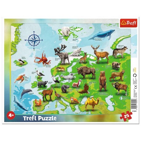 Puzzle ramkowe składające się z 25 elementów- Mapa Europy ze zwierzętami TREFL