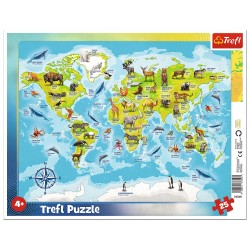 Mapa świata ze zwierzętami - Puzzle ramkowe 25 elementów TREFL