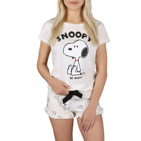 Snoopy Fistaszki Ecru letnia piżama damska na krótki rękaw, bawełniana, falbanki
