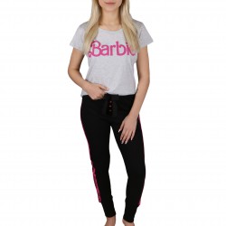 Barbie Damska piżama na krótki rękaw, długie spodnie, bawełniana, szaro-różowa