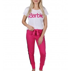 Barbie Damska piżama na krótki rękaw, długie spodnie, bawełniana, biało-różowa