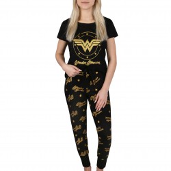 Wonder Woman Czarna piżama damska na krótki rękaw, bawełniana, złoty nadruk