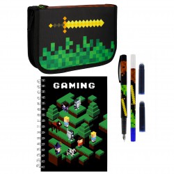 Pixel Game Zestaw przyborów szkolnych: piórnik z wyposażeniem, notes, pióro wieczne