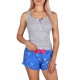 Grey, Sleeveless Top &amp; Blue Shorts Pyjama Set For Ladies Flowers Design
