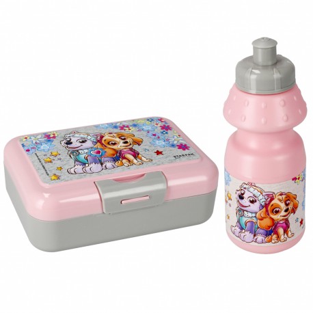 Psi Patrol Szaro-różowy zestaw śniadaniowy dla dziewczynki, bidon+pudełko śniadaniowe