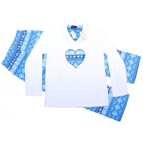 White/Blue Soft & Warm V-neck Long Sleeved Pyjama Set For Ladies LOVE TO LOUNGE
