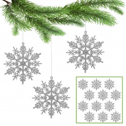 Srebrne gwiazdki, śnieżynki na choinkę, ozdoby choinkowe 10cm, 12 szt.