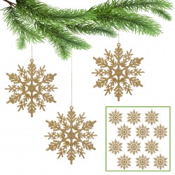 Złote gwiazdki, śnieżynki na choinkę, ozdoby choinkowe 10cm, 12 szt.