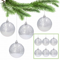 Plastic Christmas baubles with glitter 8 cm, set of silver baubles, Christmas decorations, 6 pieces.