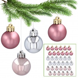 Pink-silver Christmas tree baubles, set of plastic baubles, 3cm Christmas ornaments, 36 pcs.