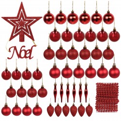 Set of Red Christmas Decorations: Baubles, Tree Topper, Garland 48 pcs