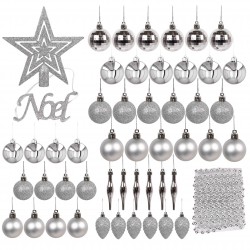 Set of Silver Christmas Decorations: Baubles, Tree Topper, Garland 48 pcs